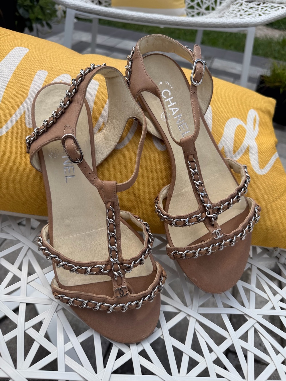 CHANEL Tan Leather T-Strap Heels with Silver Chain Trim